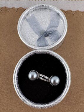14K White Gold Plated Gray Pearl & Crystals Hoops